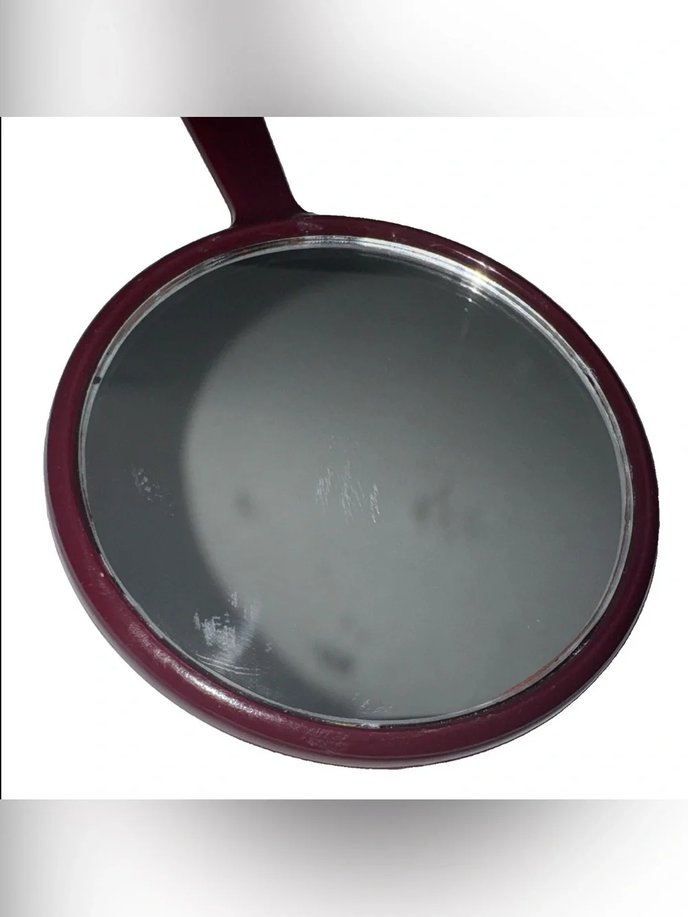 Round Handheld Mirror with Fabric Cover, Burgundy Handle, Cat Design